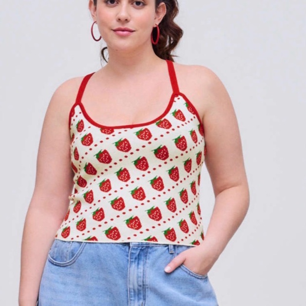 Strawberry Print Cream Crop Tank with Red Trim